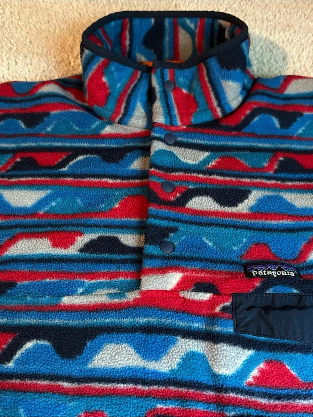 Patagonia Synchilla Blue Delta Wave Aztec Pullover Large Snap Fleece